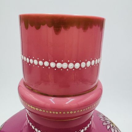 Victorian aesthetic pink opaline glass vase Roosters Fighting Daisies Large Rare