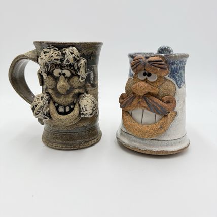 Pair Ugly Face Studio Art Pottery Drip 5” Blue Gray Coffee Mug Stoneware Handmad