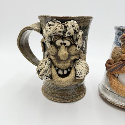 Pair Ugly Face Studio Art Pottery Drip 5” Blue Gray Coffee Mug Stoneware Handmad