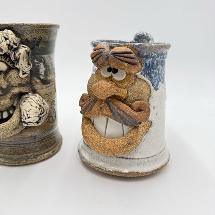 Pair Ugly Face Studio Art Pottery Drip 5” Blue Gray Coffee Mug Stoneware Handmad