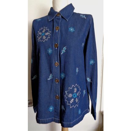 Quacker Factory Embroidered Long sleeved Denim Blue Shirt XS