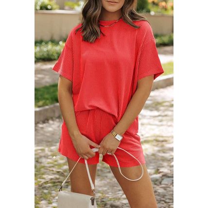 Orange Ribbed Textured Knit Loose Fit Tee and Shorts Set