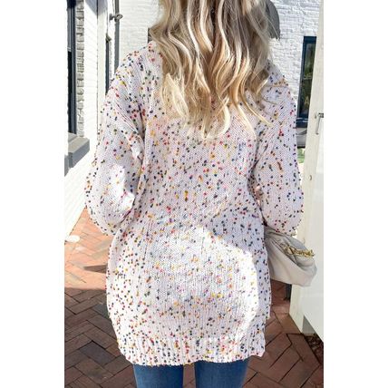 White Confetti Rib Knit Long Sleeve Cardigan