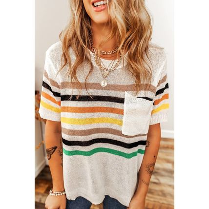 White Striped Pocketed Loose Fit Crewneck Knitted T Shirt