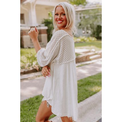 White Eyelet Patchwork High Low Hem V Neck Oversized Top