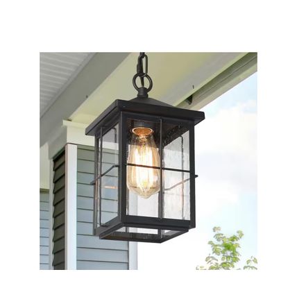 LNC Modern Farmhouse Black Outdoor Lantern 1-Light Pendant w/ Seeded Glass