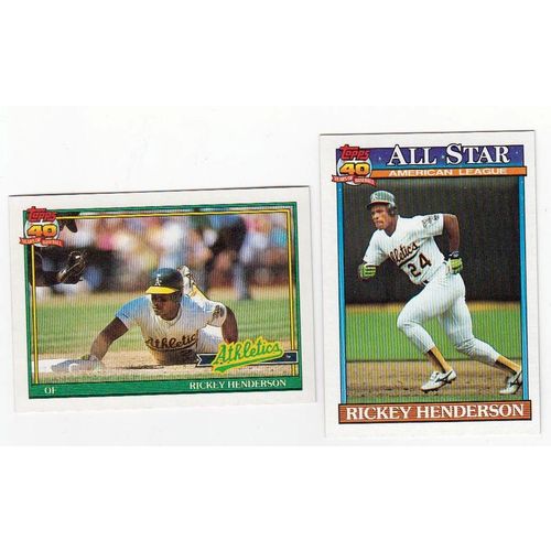 Two 1991 Topps Rickey Henderson cards #391, #670 –HOF- Athletics