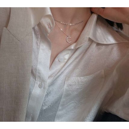 925 Silver Double Necklace Topaz Moon Pendant - Very Dainty