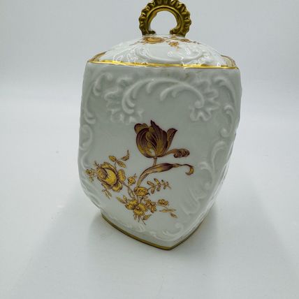 Limoges France Porcelain Floral Gold Painted Biscuit Jar Lidded 7" Twisted Rare