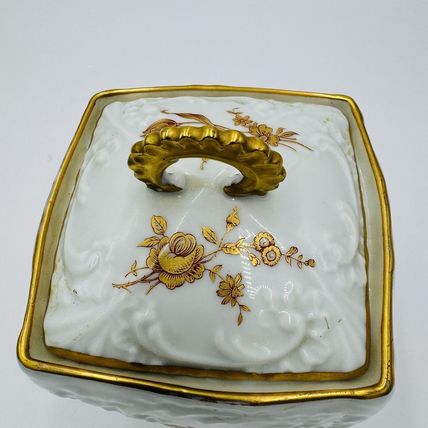 Limoges France Porcelain Floral Gold Painted Biscuit Jar Lidded 7" Twisted Rare