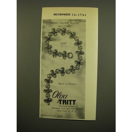 1961 Olga Tritt Jewelry Advertisement - Emerald, Sapphire Bracelet 18kt Gold