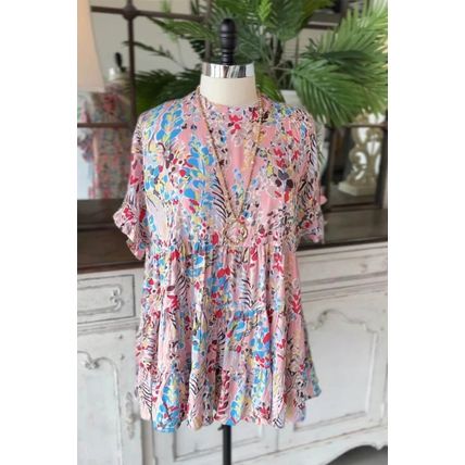 Pink Floral Print Ruffle Sleeve Babydoll Top