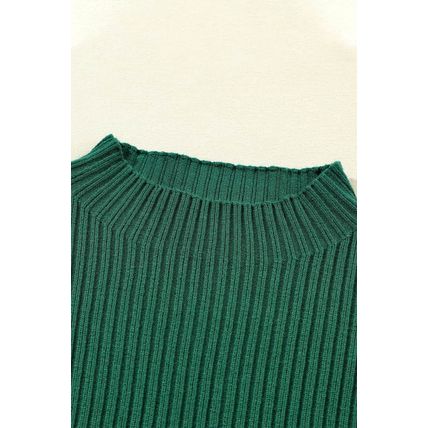 Blackish Green Patch Pocket Ribbed Knit Short Sleeve Sweater