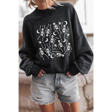 Black Halloween Skeleton Print Drop Sleeve Pullover Sweatshirt
