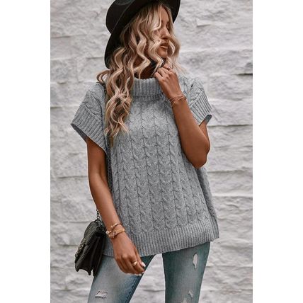 Medium Grey Cable Knit Turtleneck Batwing Sleeve Sweater