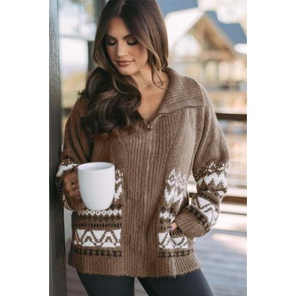 Brown Western Printed Ribbed Trim Collared Zip up Cardigan