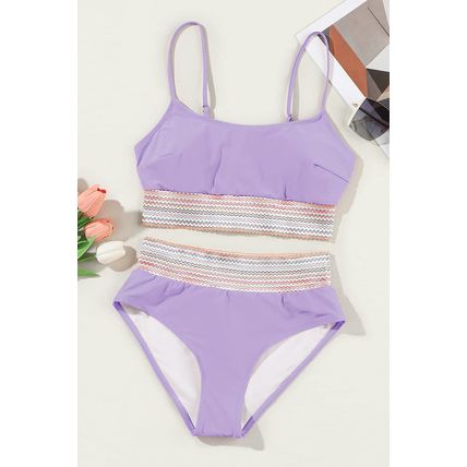 Orchid Petal Striped Patchwork Spaghetti Strap High Waist Bikini Swimsuit