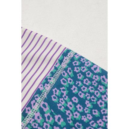 Purple Stripe Floral Color Block Raw Edge Patchwork Bracelet Sleeve Blouse
