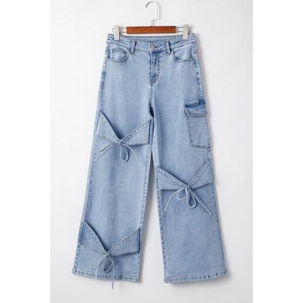 Beau Blue Bowknot Decor Boyfriend Cargo Jeans