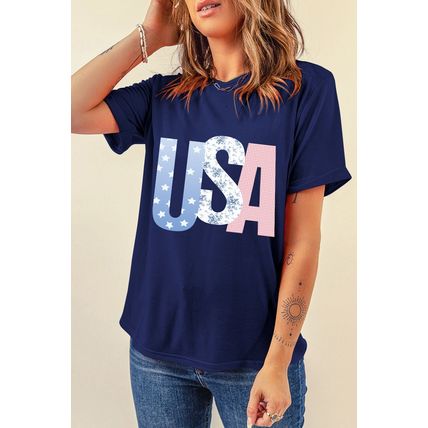 Blue USA Graphic July 4th Crew Neck T Shirt