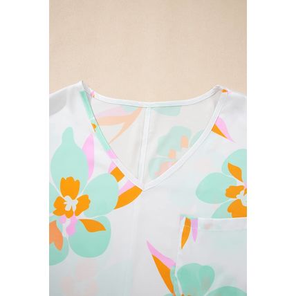 Green Floral Print Loose Fit V Neck Half Sleeve Blouse