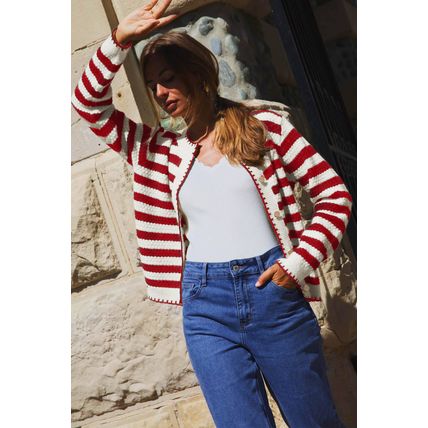Red Stripe Chic Golden Button Cardigan Sweater