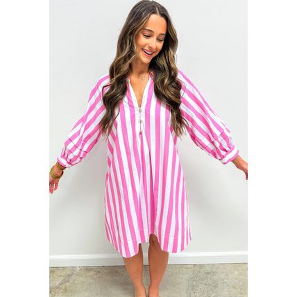Rose Stripe Bracelet Sleeve Buttons Loose Mini Dress