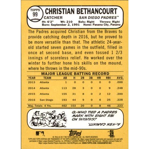 2017 Topps Heritage Baseball Christian Bethancourt #99