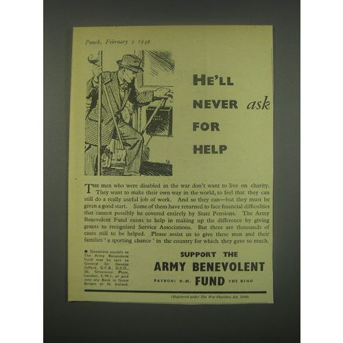 1949 Army Benevolent Fund Ad - He'll never ask for help