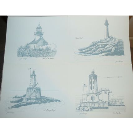 Vintage 1975 Set Sunset Pictorial California Lighthouse Drawings, Joe Seney