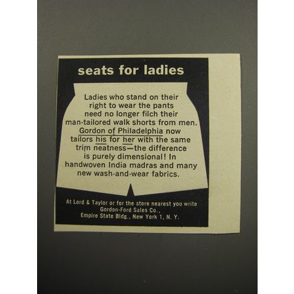 1957 Gordon of Philadelphia Ladies Shorts Advertisement - Seats for Ladies
