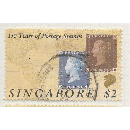 SINGAPORE 1990 150 YEARS OF STAMPS ON $2 PENNY BLACK TWO BLUE USED FROM MIN.SHT