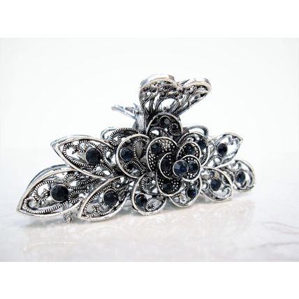 Silver metal flower blue crystal hair claw clip bridal clip medium/fine hair