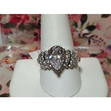 Large 12ct Pear Cut Solitaire Ring Made With Swarovski Zirconia Sz K Plat Silver