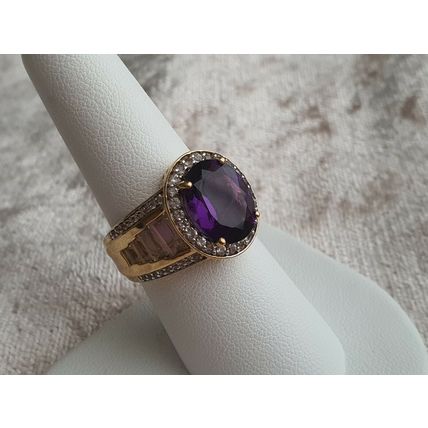 Lusaka Amethyst & White Topaz Oval Halo RING Sz O½ 14k Gold Overlay 925 Silver