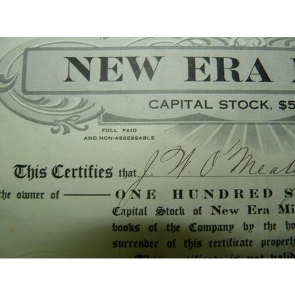 Original Antique 1917 Signed 100 Mining Shares Deed, New Era Mines Maine, Paid