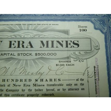 Original Antique 1917 Signed 100 Mining Shares Deed, New Era Mines Maine, Paid