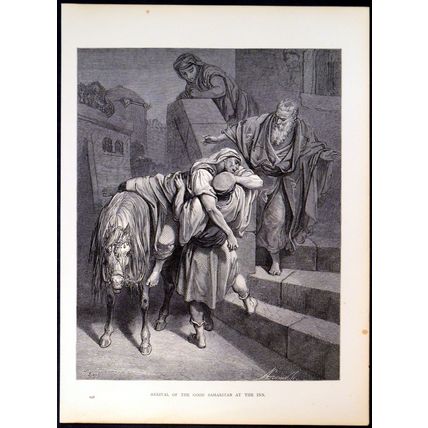 ARRIVAL OF THE GOOD SAMARITAN AT THE INN 1885 Gustave Doré ANTIQUE ENGRAVING
