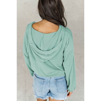 Green Loose Fit Ribbed V Neck Hoodie