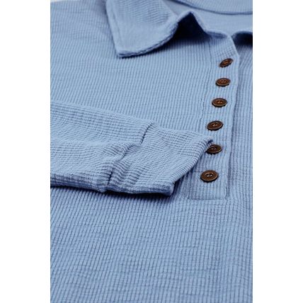 Sky Blue Button Front Turn-down Neck Knit Top