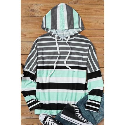 Green Striped Drawstring Long Sleeve Hoodie