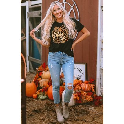 Black Halloween Sunflower Pumpkin Graphic Tee