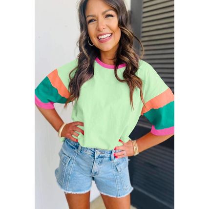 Green Color Block Stitching Sleeve Round Neck Oversize Top