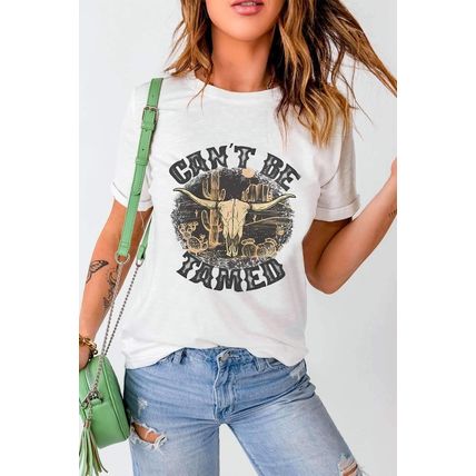 White Cant Be Tamed Western Steer Head Crew Neck T Shirt