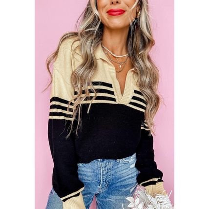 Black Colorblock Stripe Collared V Neck Sweater