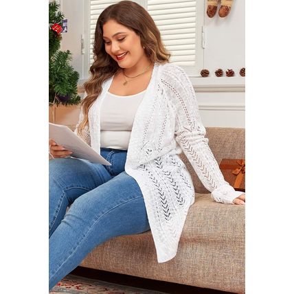 White Plus Size Eyelet Knit Open Front Cardigan