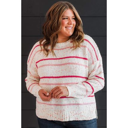 Pink Stripe Drop Shoulder Side Split Plus Size Sweater
