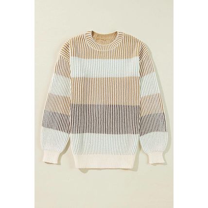 Brown Colorblock Textured Knit Bubble Sleeve Sweater