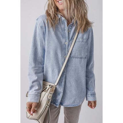 Beau Blue Long Sleeve Buttoned Chest Pocket Denim Shacket
