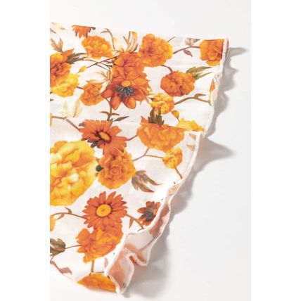 Orange Floral Printed Bell Sleeve Mock Neck Scallop Trim Blouse